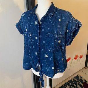 Soft denim tie in the front starry button shirt with a collar